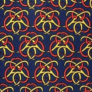 100% REAL HERMES TIE - NAVY BLUE w YELLOW & RED HORSE BRIDLE STIRRUP LINKS